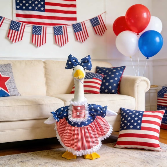 Independence Day Bow Lace Edge Dress Set for 23in Porch Geese, Patriotic Decorative Goose Outfit, Festive Costume for Lawn and Porch Decor, Goose Clothing Without Geese Included, Blue