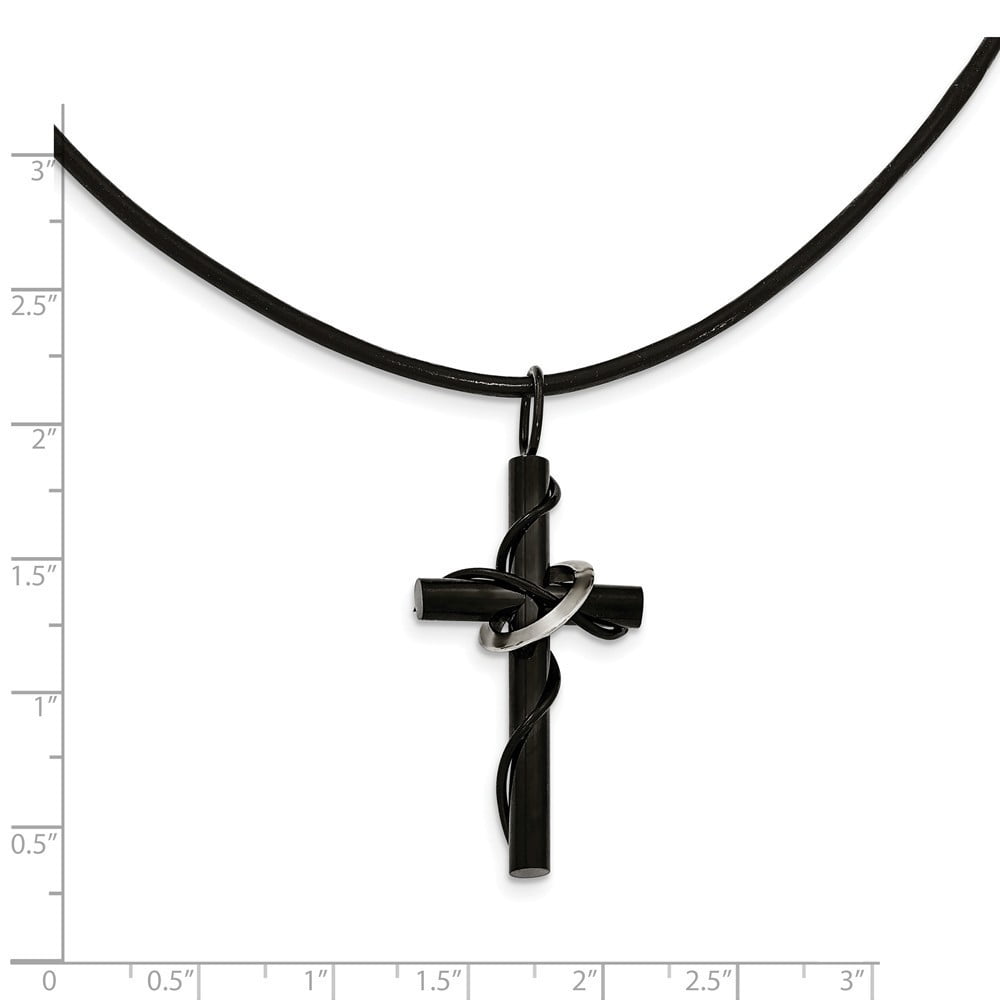 Stainless Steel Polished Black Ip-plating Cross Leather Cord Necklace - 20 Inch - Measures 23mm Wide