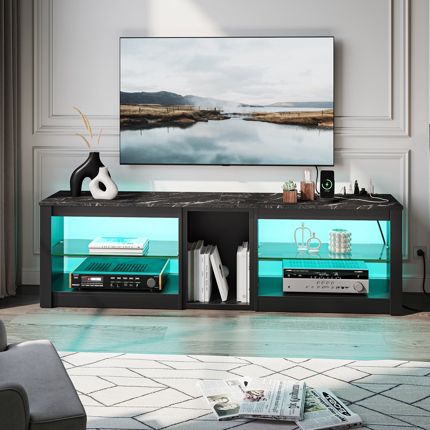 Bestier Modern TV Stand for 70" TV with Power Outlets, LED Entertainment Center for PS5, Black Marble