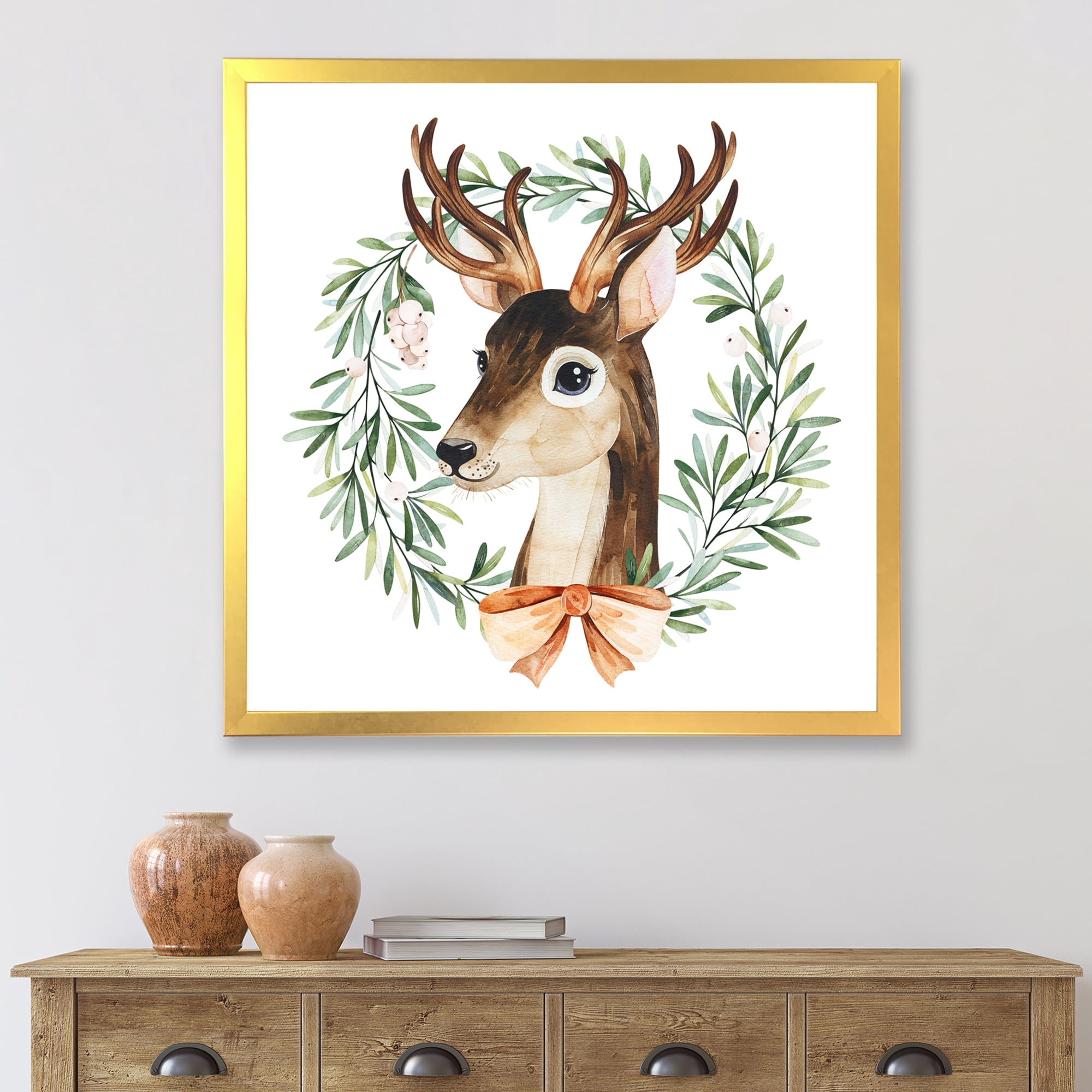 Designart 'Floral Wreath Isolated On White Over Deer' Farmhouse Framed Art Print