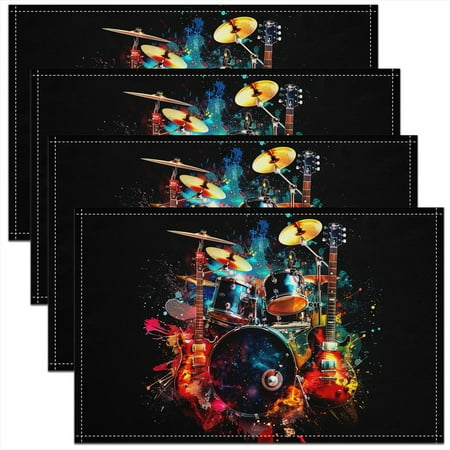 

Erosebridal Rock Music Placemats 12x18 Inch Set of 4 Modern Pop Musical Instrument Place Mats Drum Kit Guitar Waterproof Placemats for Kitchen Abstract Tie Dye Hippie Heat Resisting Placemats