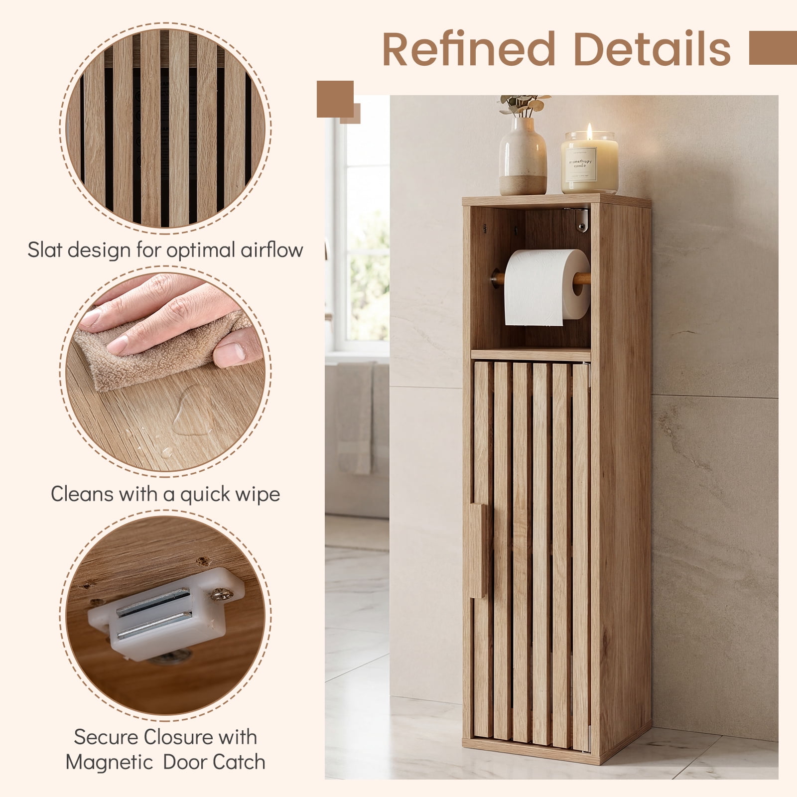 Costway Slim Bathroom Cabinets, Freestanding Toilet Paper Holder Stand with Door,Natural