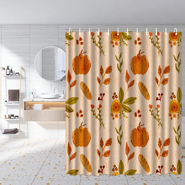 Cortina de baño, poliéster, impermeable, impresa, diseño de calabazas de cosecha de otoño y acción de gracias del Día de Acción de Gracias, amarillo B