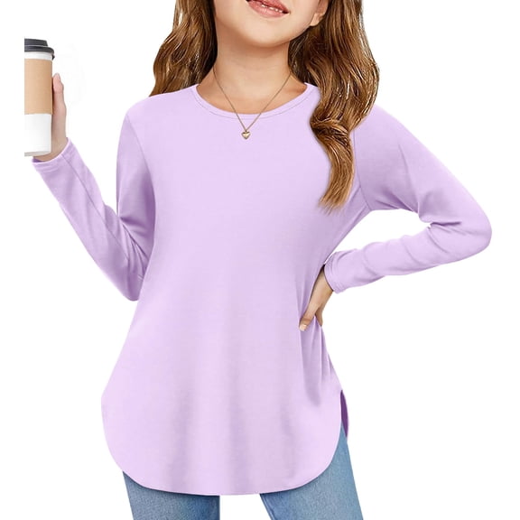 Arshiner Girls Long Sleeve T Shirts Round Neck Curve Hem Side Slit Basic Casual Loose Tunic Soft Tops