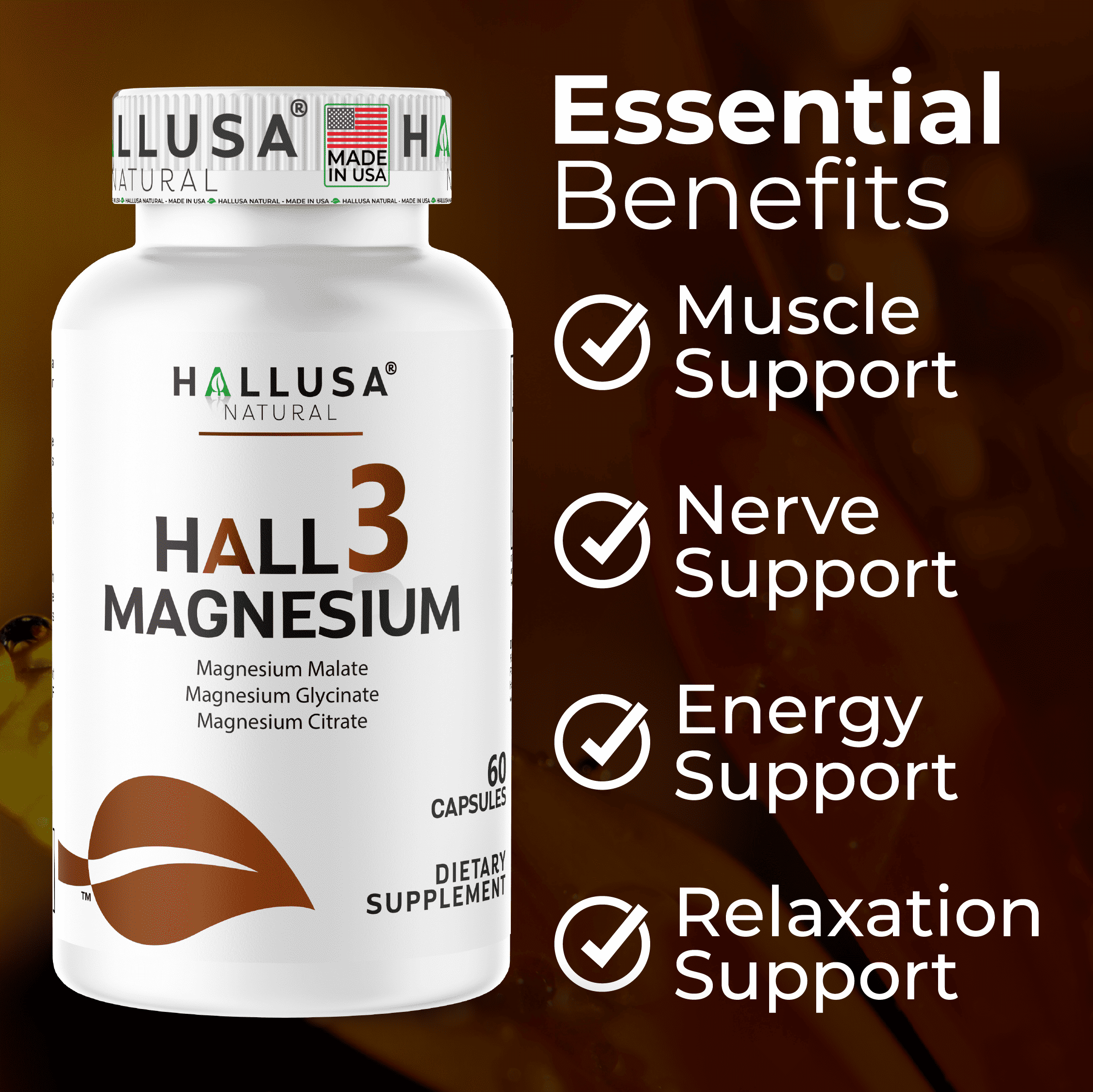 HALLUSA NATURAL Magnesium Complex Capsules 135mg with Malate, Citrate, Glycinate - 60 Count