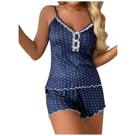 

RQYYD Clearance Women s Casual Sleepwear Spaghetti Strap Lace Trim Polka Dot Cami and Shorts 2 Piece Pajama Set(Navy L)