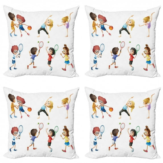 Sports Throw Pillow Cushion Case Pack of 4, Little Girl Stretching Basketball Players Work out Tennis Yoga Ballerina Child, Modern Accent Double-Sided Print, 4 Sizes, Multicolor, by Ambesonne