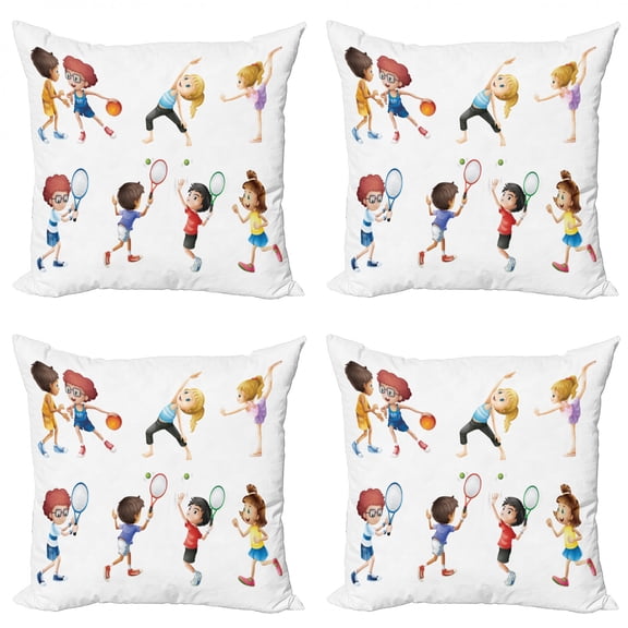 Sports Throw Pillow Cushion Case Pack of 4, Little Girl Stretching Basketball Players Work out Tennis Yoga Ballerina Child, Modern Accent Double-Sided Print, 4 Sizes, Multicolor, by Ambesonne