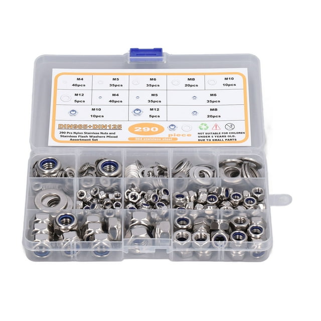 Oubit Écrous de Verrouillage en Nylon, 290 Pcs Assortiment de Rondelles d'Écrous Ensemble d'Écrous de Verrouillage en Acier Inoxydable Finition de Luxe