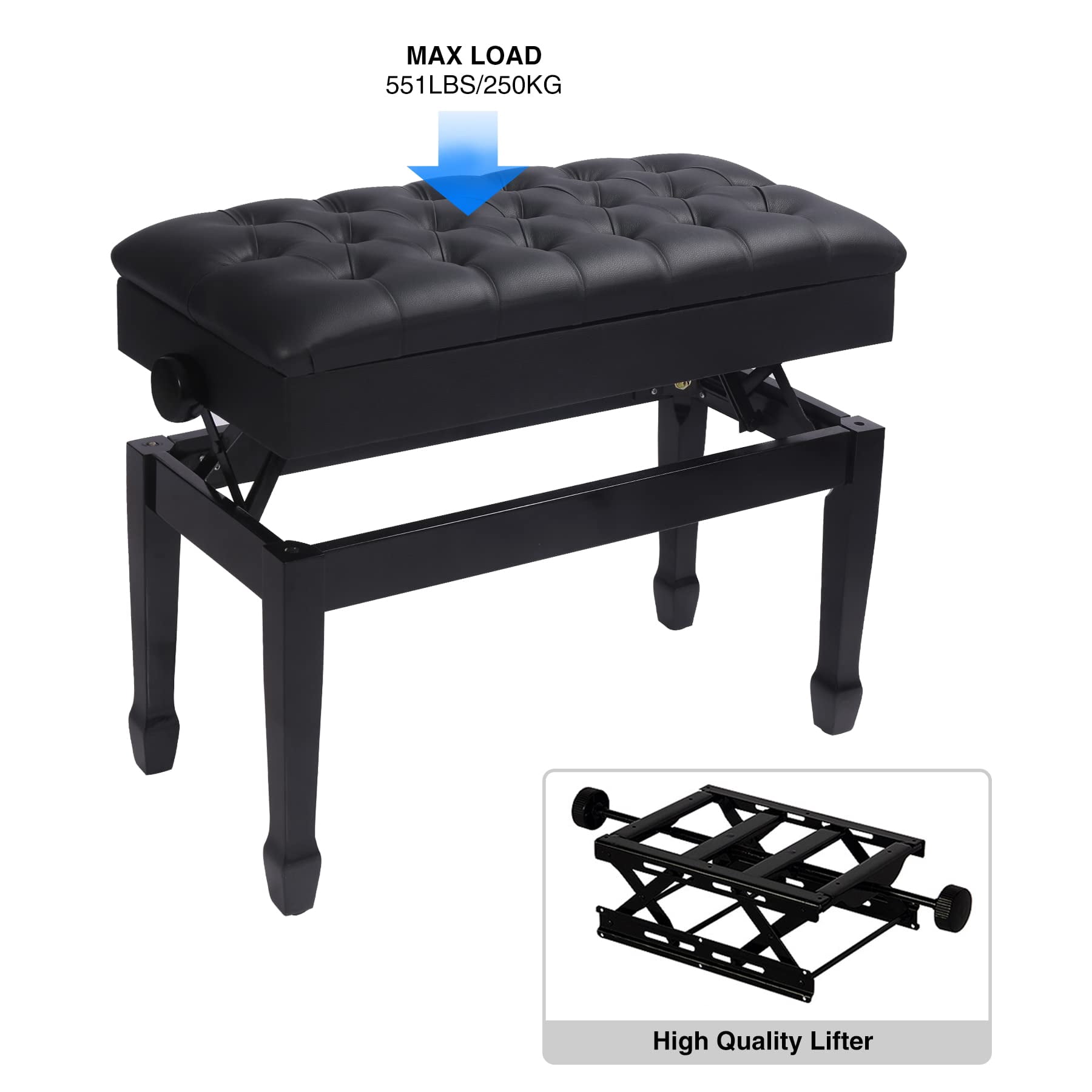 Adjustable Duet Piano Bench With Storage  Heavy Duty Double Benches Leather Cushion Black For Adults 13.8" D X 31.5" W 19.3" H