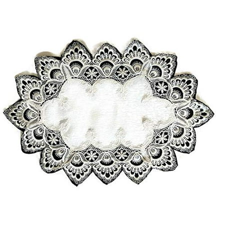 Fabric Mat - Doily Boutique Place Mat or Doily with Antique White European Lace and Fabric, Size 17 x 11 inches