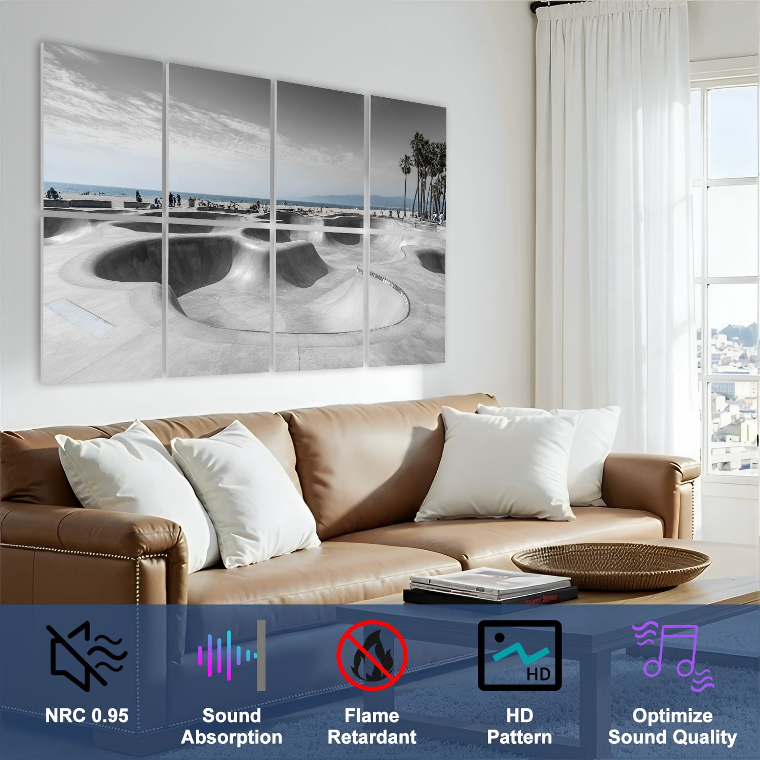 8 Pack Art Acoustic Panels Sound Absorbing Venice Beach Skate Park White Decorative Soundproof Wall Panels Self Adhesive for Nursery Game Room Bedroom 48"x32"