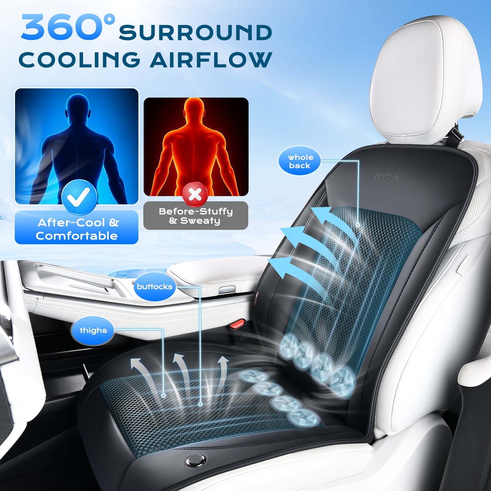 Coverado Ventilated Cooling Car Seat Cover, 12V-24V Cooling Seat Cushion with 8 Turbo Fans, Universal Fit for Car Suv Truck