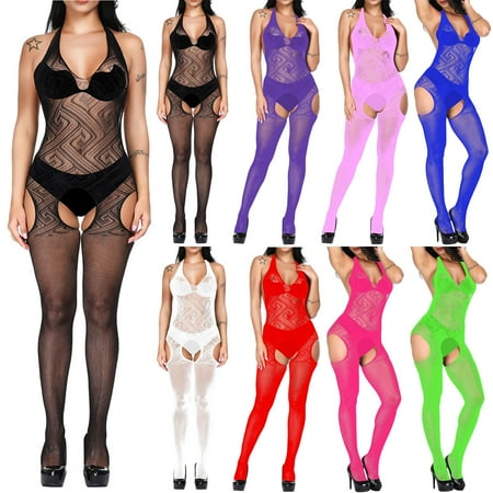 Elainilye Fashion Womens Lingeries Erotic Underwear Web Chest Hanging Empty One-piece Bodysuit Mesh Crotchless Lingerie Pajamas Black