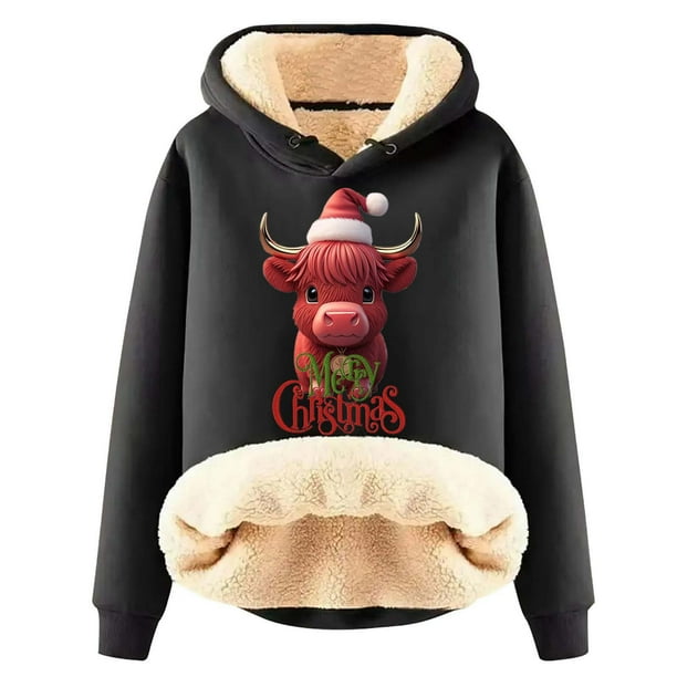 WILLBEST Sudadera con Capucha para Mujer, Estampado Navideño de Vaca, Cálida XXXXX-Grande
