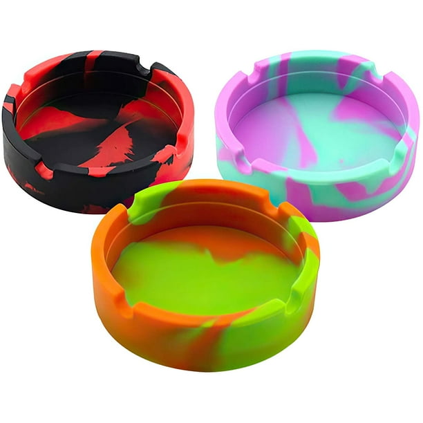 Cenicero de silicona, paquete de 3, diseño redondo de goma resistente al calor a altas temperaturas, cenicero para cigarros y cigarrillos para exteriores/patio/exterior/interior/oficina/decoración