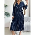 thumbnail image 2 of Women'S Polka Dot Wrap V Neck Belt Long Sleeve Pleated Maxi Dress Flowy Casual Long Dress Navy Blue M, 2 of 8