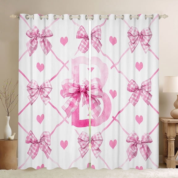 Homewish Kawaii Princess Letter B Black Out Curtains, Girly Pink Buffalo Bow-tie Curtains Pack of 2 (42x63 Each), Teens Kids Girls Bedroom Curtains, Blackout Curtains Room Decor