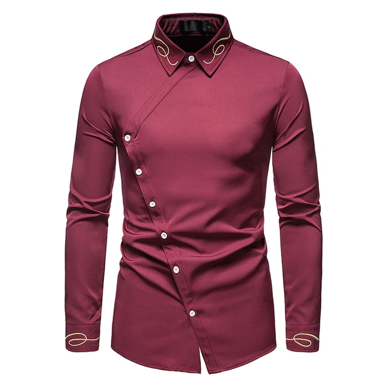 DDAPJ pyju Mens Dress Shirts Asymmetrical Hem Long Sleeve Button Down Shirts Gold Embroidered Luxury Tuxedo Shirt Wrinkle Free Formal Shirts Wine M