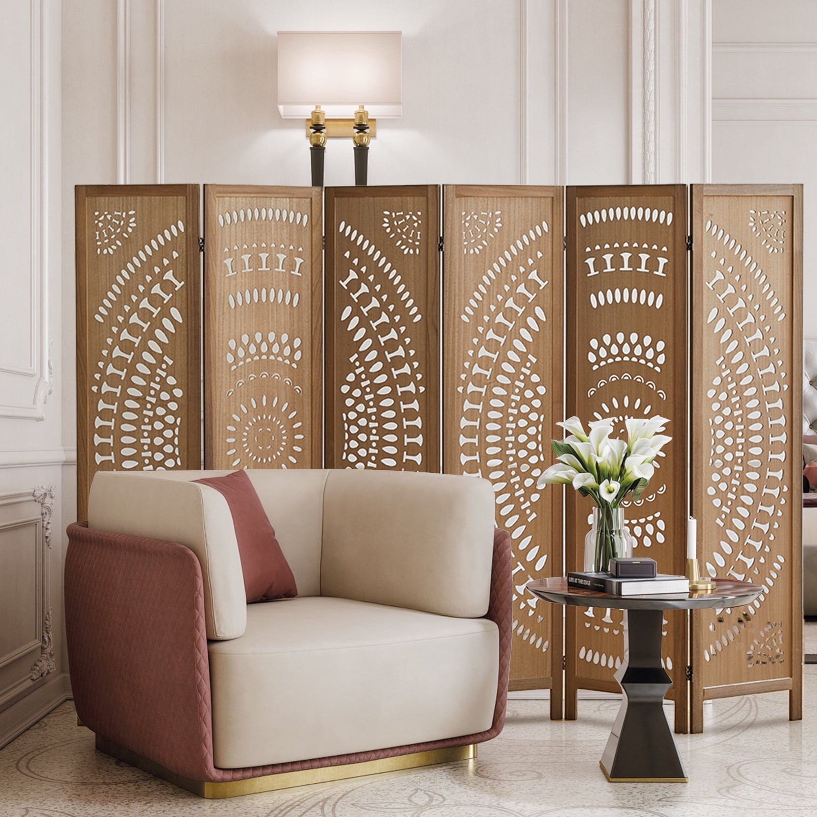 Aletheiawu 6 Panel Wood Carved Room Dividers and Folding Privace Screens, No Installation, Brown