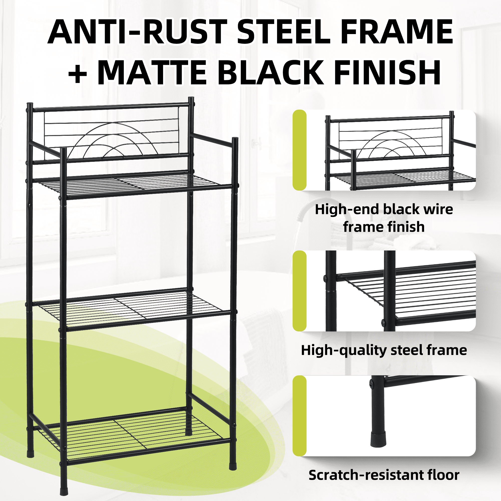 OUTMASTER 3-Tier Bathroom Shelf, Narrow Metal Floor Storage Stand for Bathroom & Kitchen