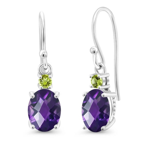 Gem Stone King 10K White Gold Purple Amethyst and Green Peridot Dangle Earrings for Women (2.14 Cttw, Gemstone Birthstone, Oval 8x6mm)