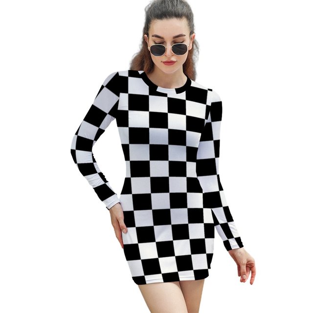 Petite Robe Coussin à Carreaux Noir et Blanc avec Jupe de Course pour Femmes Automne Hiver Manches Longues Mode avec Poche