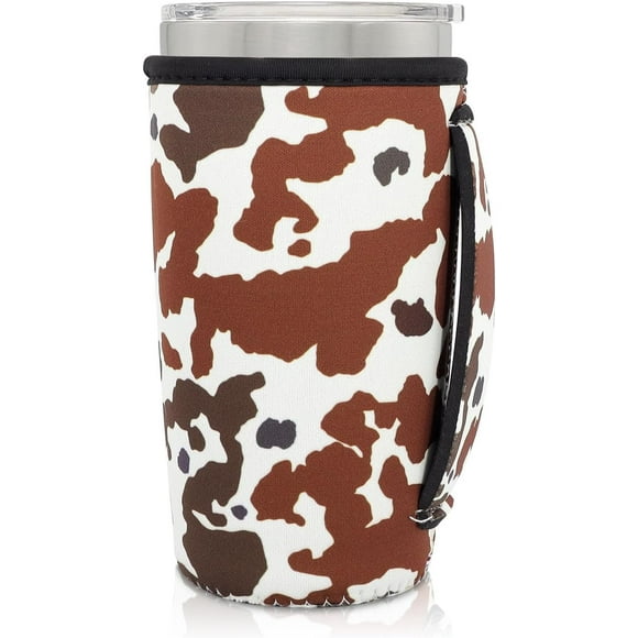 SHILIU-Neoprene Insulated Sleeves Cup Holder with Handle for 20oz Tumbler Cups, Reusable Iced Coffee Sleeve Compatible with Starbucks Trenta, Dunkin Large, more (Brown Cow Print)