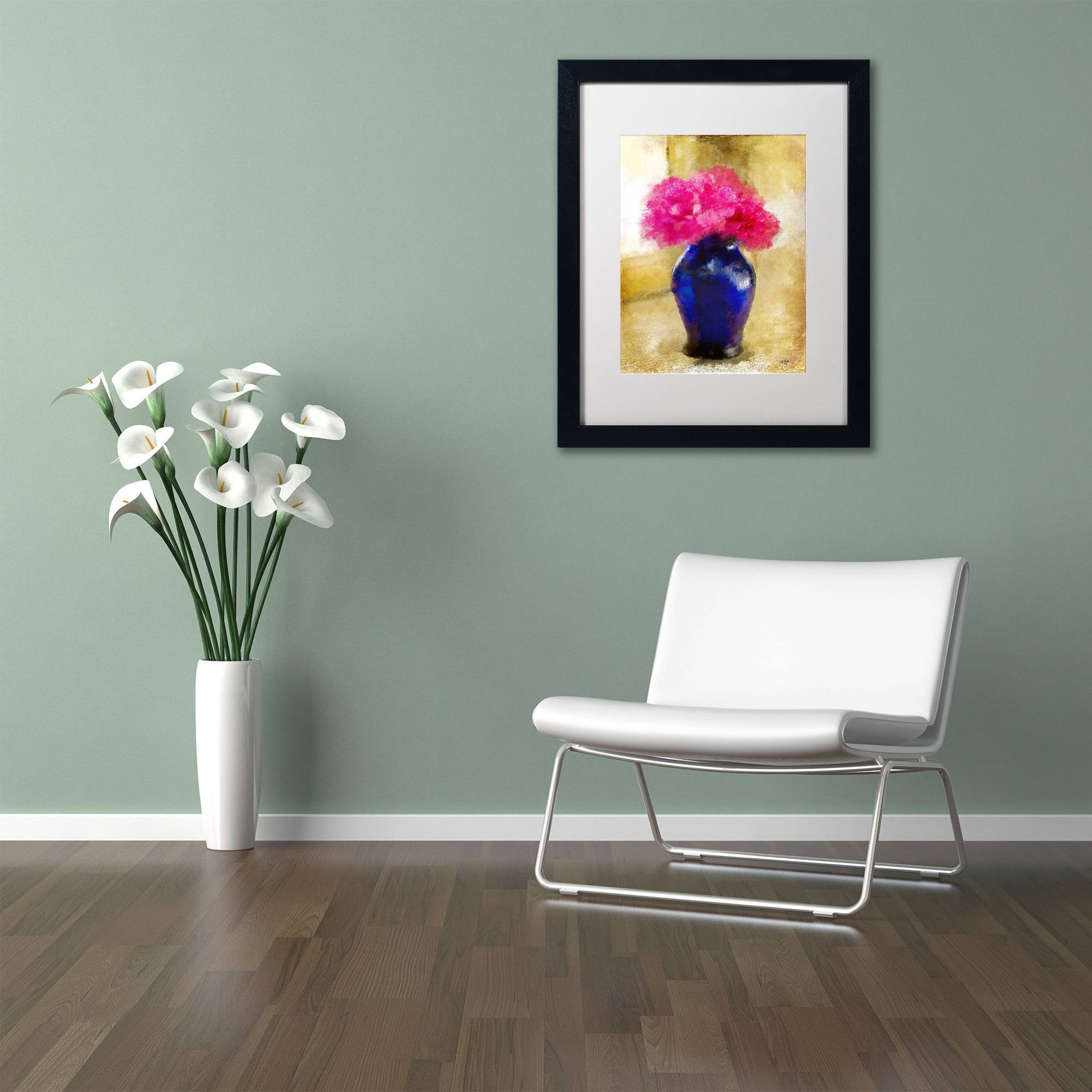 Trademark Fine Art "Pink Carnations in Cobalt Blue Vase" Canvas Art by Lois Bryan White Matte, Black Frame