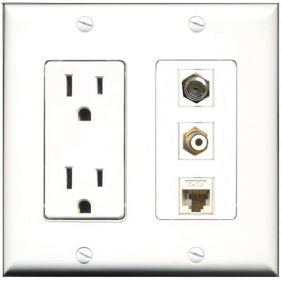 RiteAV - 15 Amp Power Outlet 1 Port RCA White 1 Port Coax 1 Port Cat6 Ethernet Ethernet White Decorative Wall Plate