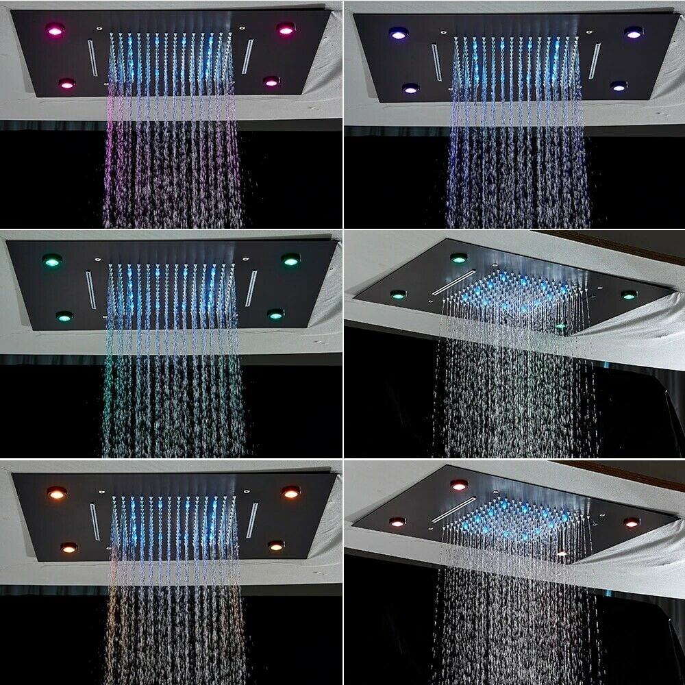 Luxury LED Rainfall Shower Head with Shower Bar High Pressure Top Ceiling Rain Matte Black