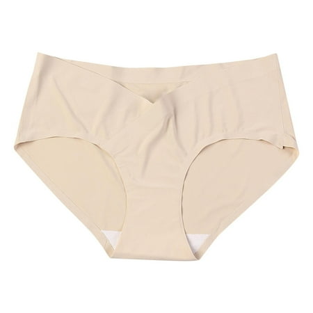 Ashirexll Maternity Underwear V-Shaped Low-Waisted Belly Support Solid Color Traceless Ice Silk Comfortable Maternity Panties Khaki XXL