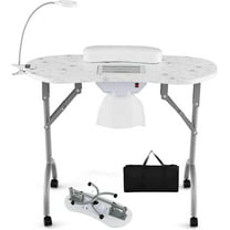 QRKD 35-inch Portable Nail Table, Folding Manicure Table Station W/ Electric Dust Collector, Bendable LED Lamp, Carry Bag, 4 Lockable Wheels, Desk for Tech (White)