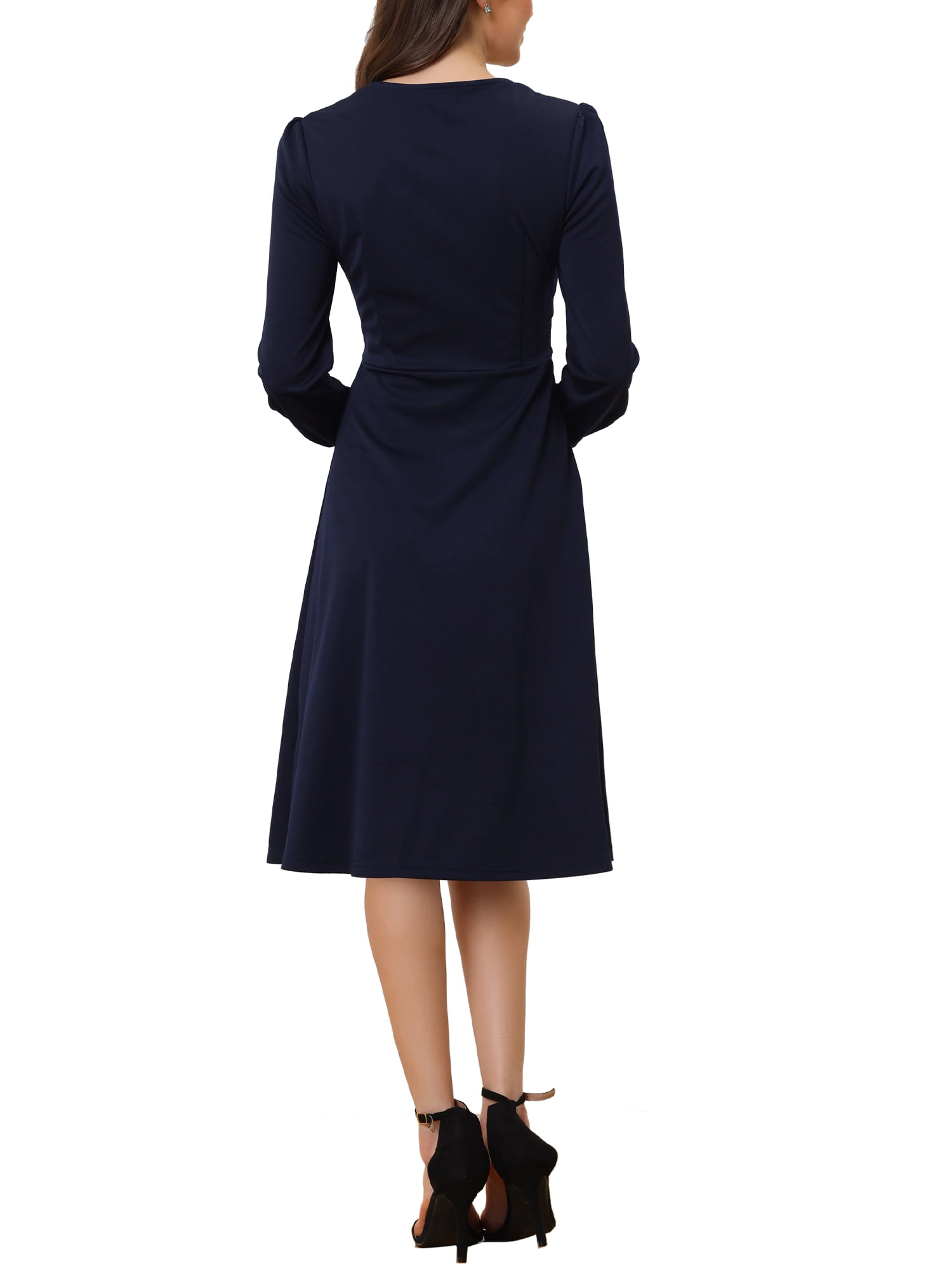 Unique Bargains Women's Neck Keyhole Front Split Midi Elegant Cocktail Dress Dark Blue XS