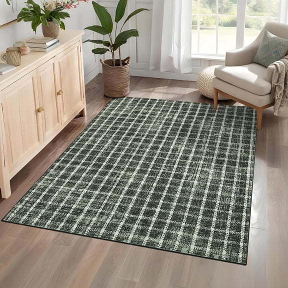 6x9 Checkered Area Rug, Washable Faux Wool Low Pile Non Slip Indoor Rug, Soft Stain Resistant Carpet for Living Room, Bedroom, Dining Room, Entryway, Office,green