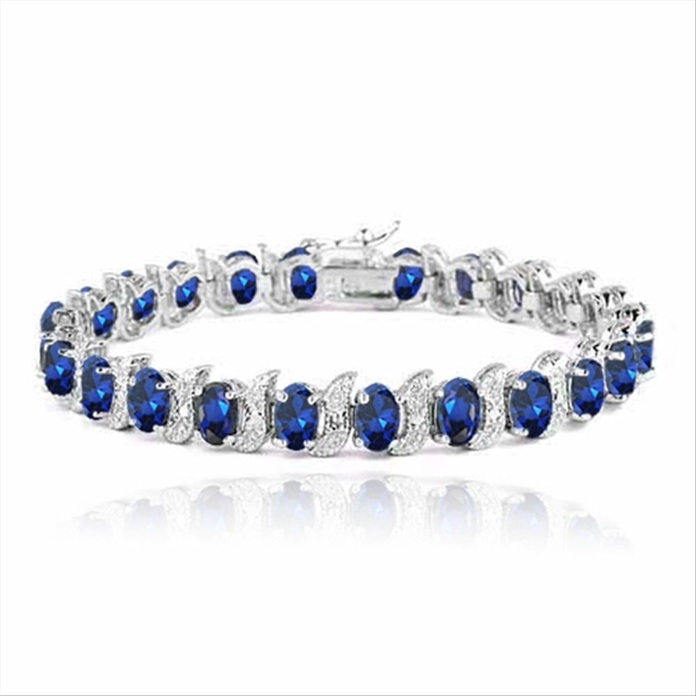 Sterling Silver 15ct Created Sapphire & Diamond Accent S and Oval Link Bracelet