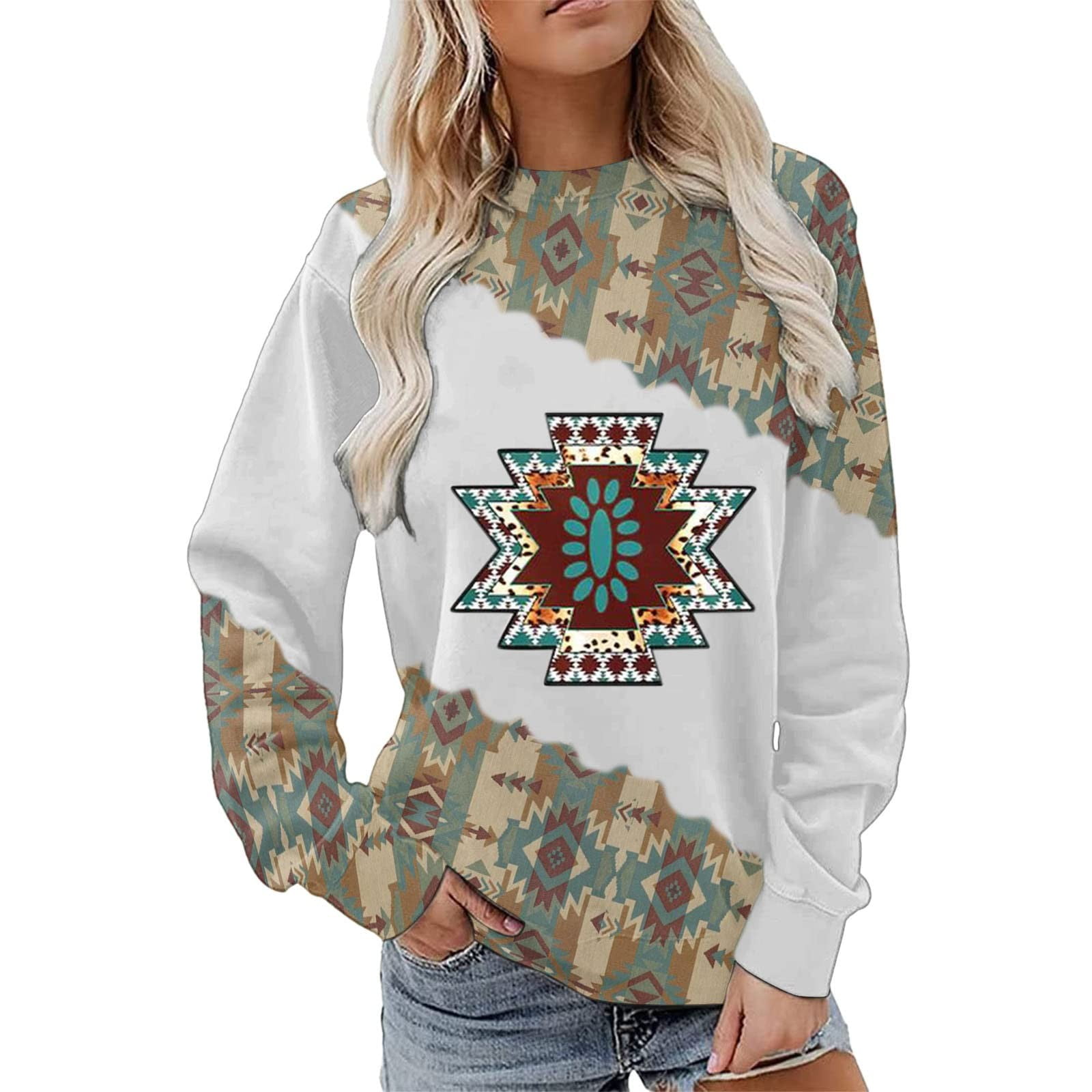 Hfyihgf Women Aztec Shirts Geometric Lightweight Sweatshirts Vintage Long  Sleeve Ethnic Western Graphic Hoodie Tops(02#Khaki,XL) - Walmart.com