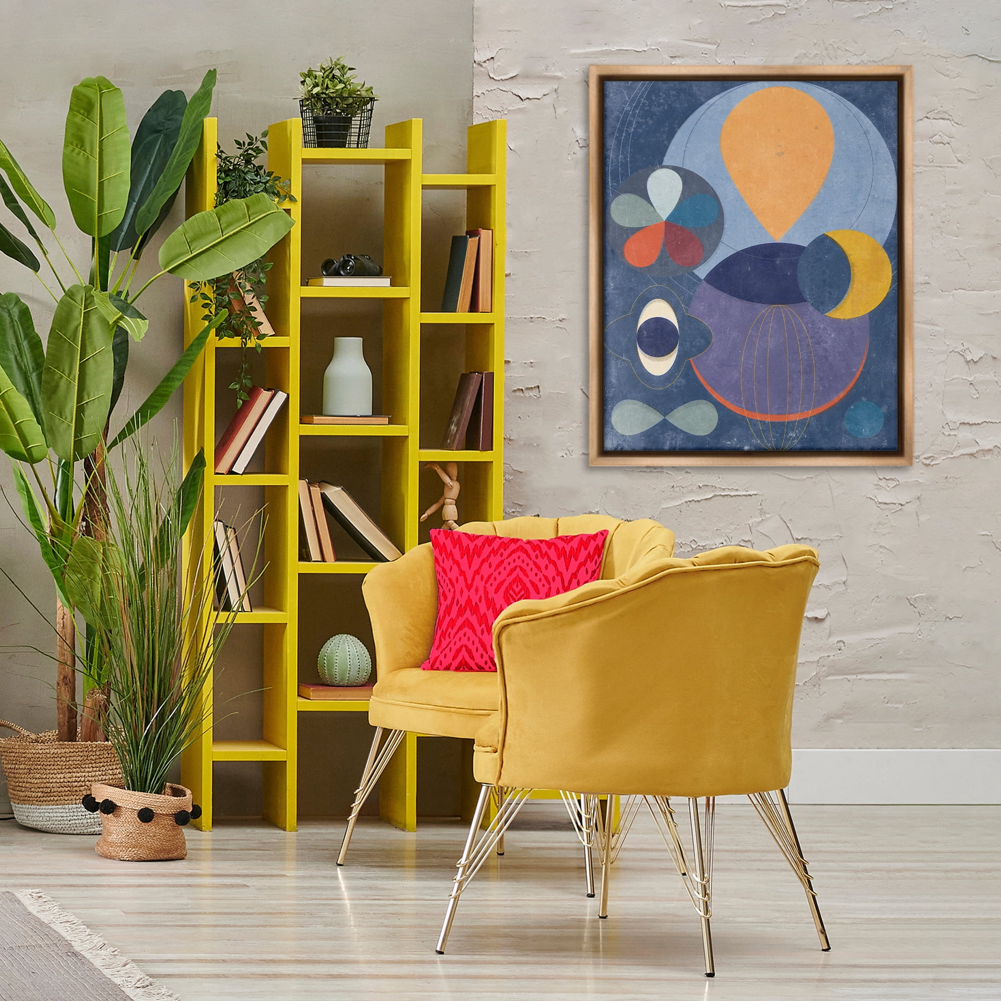 Stupell Industries Blue Retro Collage Abstract Painting Brown Floater Framed Canvas Art Print Wall Art, 25 x 31