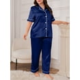 thumbnail image 3 of DAKIMOE Silk Satin Pajamas Set for Women Two-Piece Short Sleeve Shirt with Long Pajama Pant Set Soft Button Down Loungewear Nightwear Pjs for Women L-3XL, Navy, XL, 3 of 6