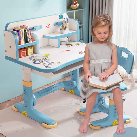 Kids Study Desk and Chair Set,Height Adjustable Large Writing Board Table with Cartoon Pattern, Ergonomic Desk Chair (Pink, Blue)