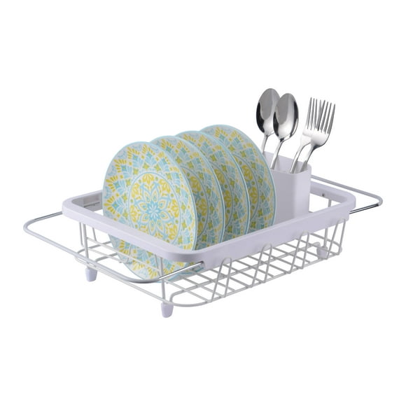 Expandable Dish Drying Rack with Utensil Cutlery Holder, Over Sink Dish Rack Basket Shelf