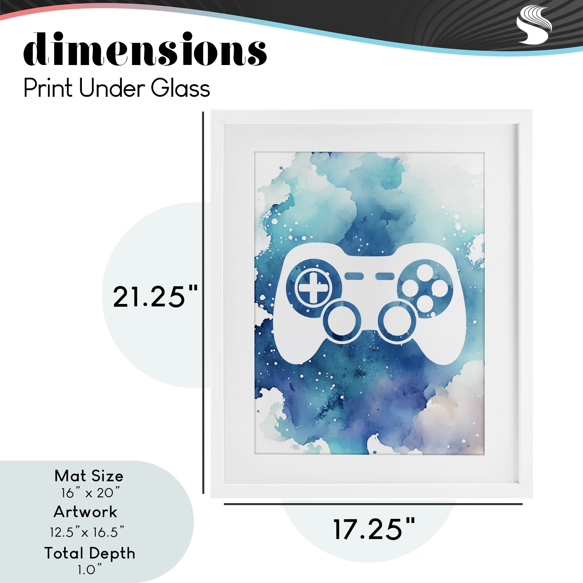 Blue Controller Splatter White Framed Print Under Glass, design by Marcus Prime