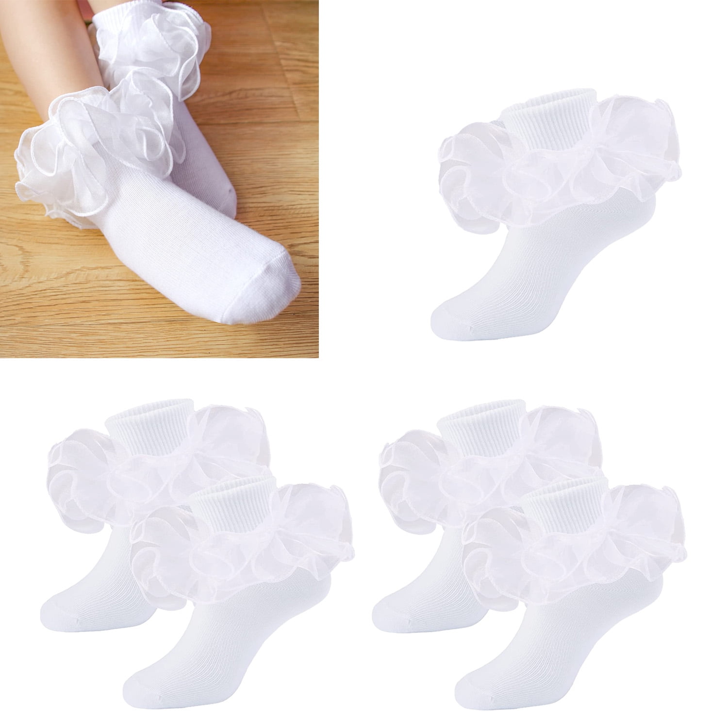 5/3/1 Pairs Little Girls Big Ruffle Socks Cute Lace Frilly Dress Socks