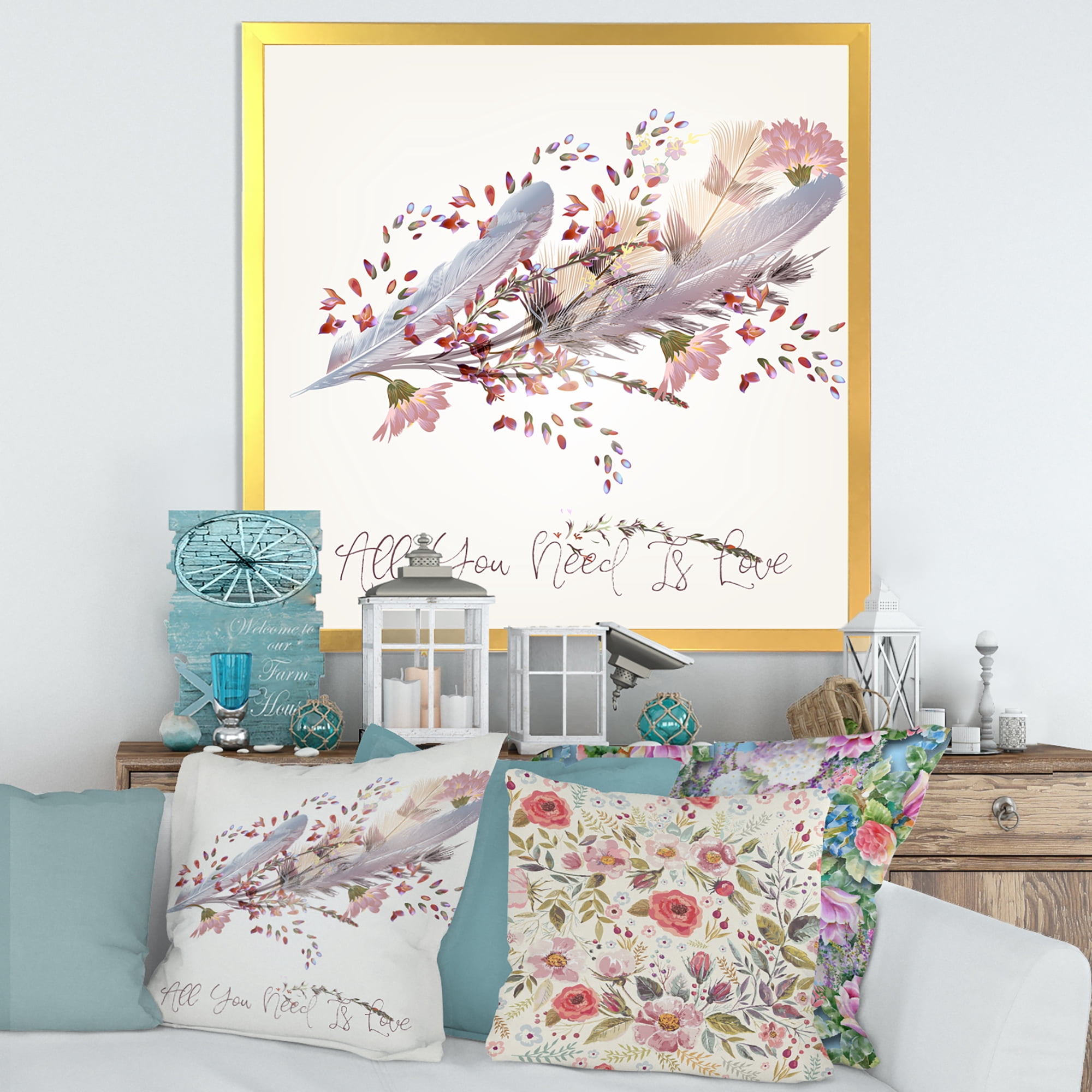 Designart 'Pink Feathers and Flowers All You Need Is Love' Bohemian & Eclectic Framed Art Print