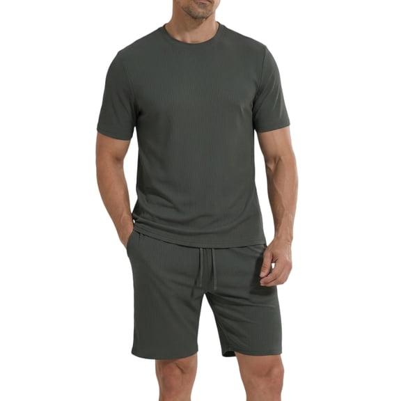 LANBAOSI Mens Pajama Set Summer Ribbed Knit Lounge Short Set 2-Piece Breathable Soft Sleepwear Set Size L