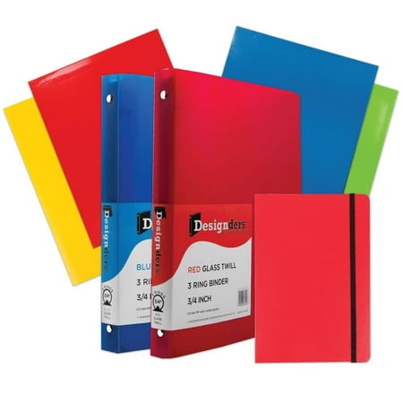 Binder Assortment (JAM Paper Back To School Assortments, Red, Glossy Folders (4), 0.75 inch Binders (2) & a Red Journal (1), 7 Items)