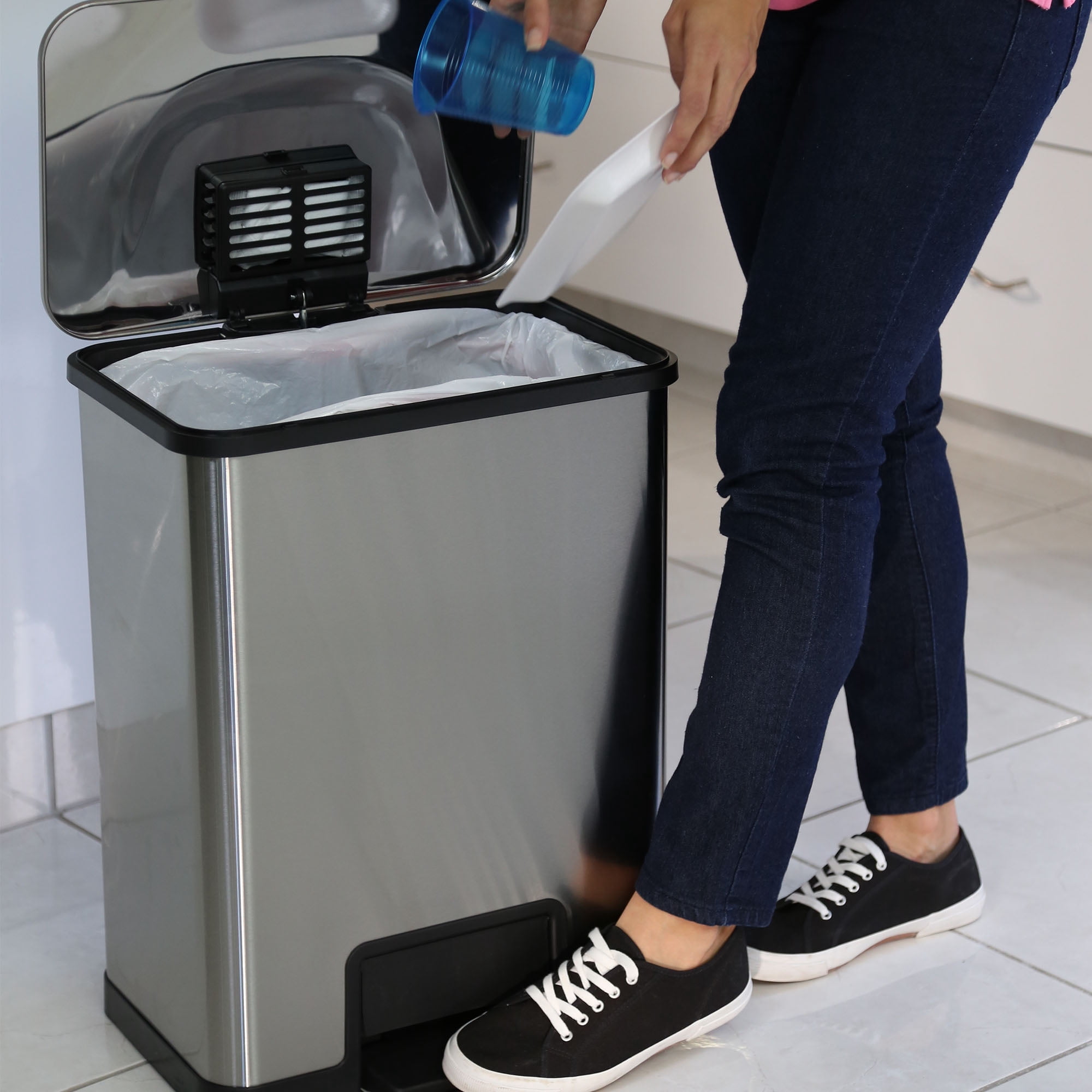 iTouchless AirStep 13 Gal Stainless Steel Step Trash Can with Absorbx Odor Filter, 49 Liter Rectangular Pedal Garbage Bin with Silent Lid Close, for Bathroom, Kitchen, Home, Office, Bedroom, Business