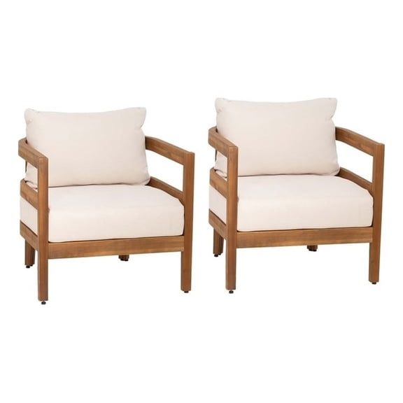 Seacrest Set of 2 Outdoor Club Chairs Thick Beige Cushions Brown Wooden Frame