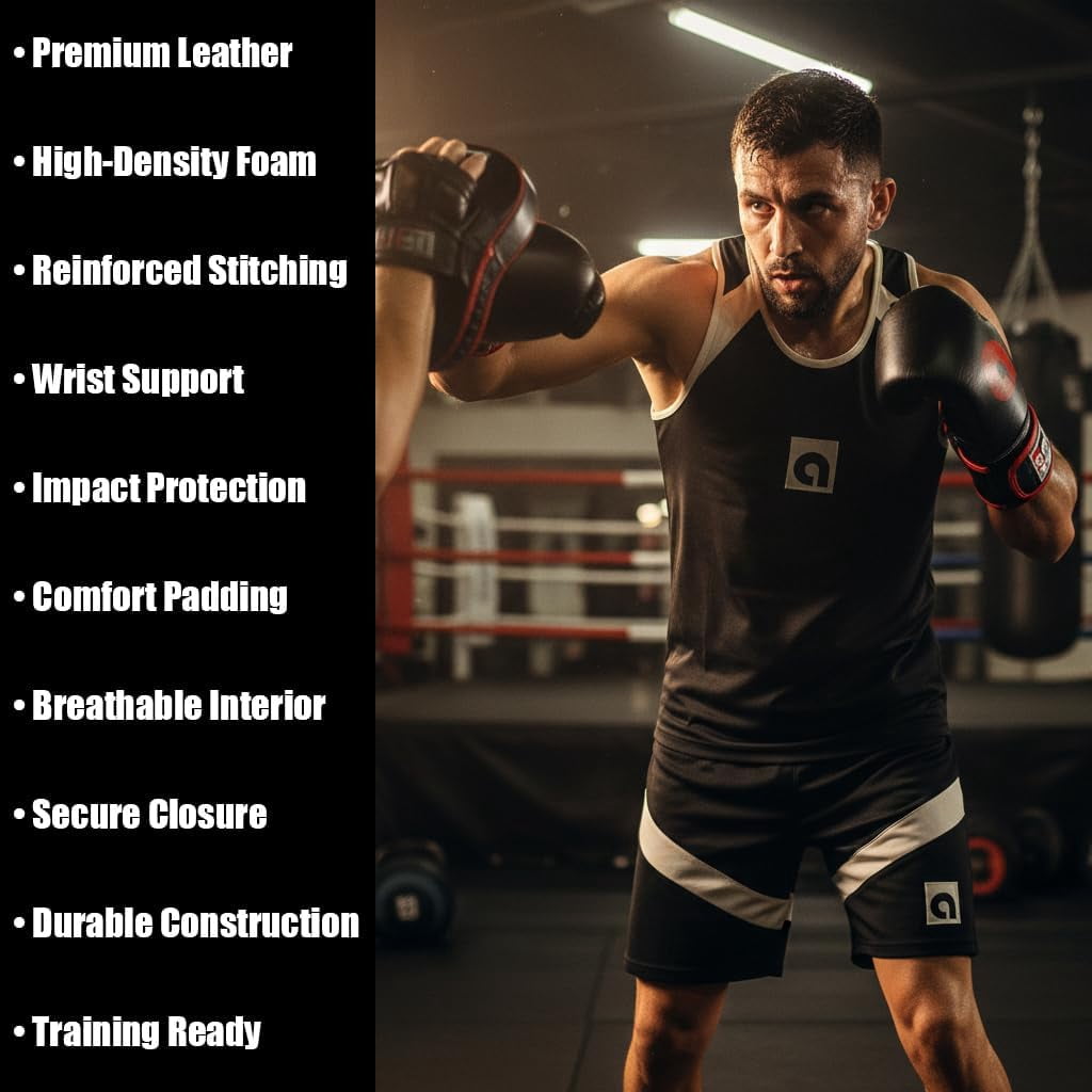 Professional Hook and Loop Leather Training Boxing Gloves, Durable Top-Grain Leather, Multi-Layered Foam, Pre-Curved Design, Ideal for Boxing, Kickboxing, Muay Thai, Sparring, 16oz