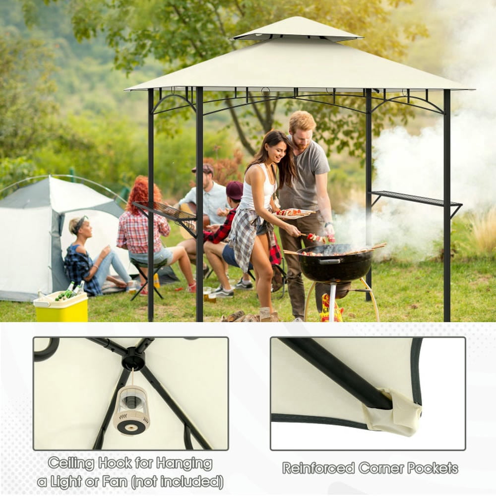 Barara King Gazebo, Outdoor Canopy Shelter,Outdoor Double-Tiered Grill Gazebo Canopy with 2 Shelves and 7 Hooks-Beige